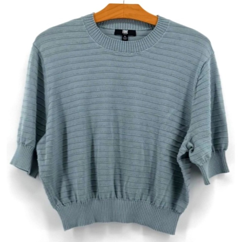Frye 100% Cotton Pointelle Knit Sweater Women's XL Blue Short Sleeve Top